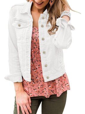 Women's Beige Long Sleeve Classic Front Button Chest Pocket Denim Jackets Casual